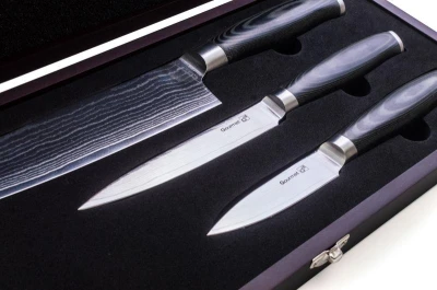 G21 Sada nožů Gourmet Damascus v bambusovém bloku 3 ks + brusný kámen