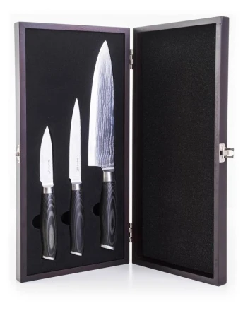 G21 Sada nožů Gourmet Damascus v bambusovém bloku 4 ks + brusný kámen