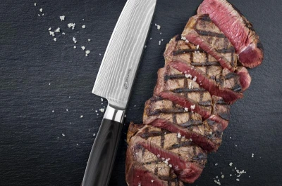 G21 Sada nožů Gourmet Damascus v bambusovém bloku 4 ks + brusný kámen