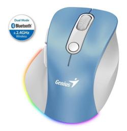 Genius Ergo 9000S Pro Myš, bezdrátová, optická, 2400DPI, 6 tlačítek, BT, 2,4GHz, USB-C nabíjení, tichá, 7barevné podsv.,modrobílá Genius Ergo 9000S Pro Myš, bezdrátová, optická, 2400DPI, 6 tlačítek, BT, 2,4GHz, USB-C nabíjení, tichá, 7barevné podsv.,modrobílá