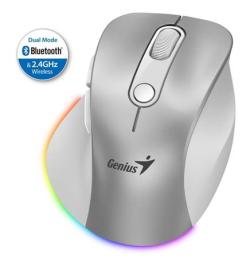 Genius Ergo 9000S Pro Myš, bezdrátová, optická, 2400DPI, 6 tlačítek, BT, 2,4GHz, USB-C nabíjení, tichá, 7barevné podsv.,stříbrná Genius Ergo 9000S Pro Myš, bezdrátová, optická, 2400DPI, 6 tlačítek, BT, 2,4GHz, USB-C nabíjení, tichá, 7barevné podsv.,stříbrná