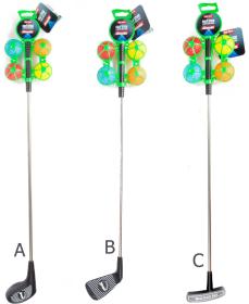 Golfová hůl 60cm + 4 barevné míčky dětský golfový set 3 druhy kov/plast