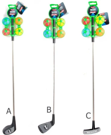Golfová hůl 60cm + 4 barevné míčky dětský golfový set 3 druhy kov/plast