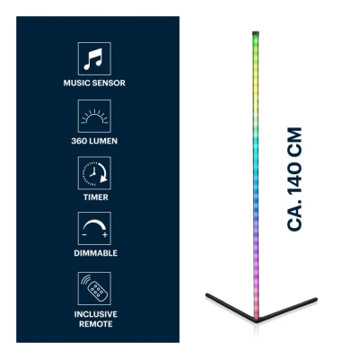 Grundig LED lampa rohová stojací RGBW s hudebním senzorem 140 cm černá