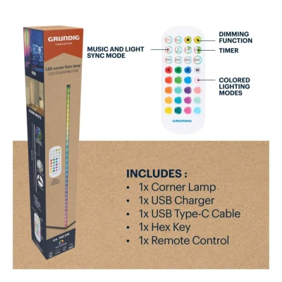 Grundig LED lampa rohová stojací RGBW s hudebním senzorem 140 cm černá