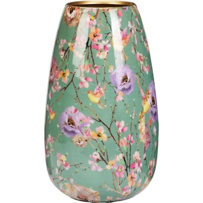 H & S Collection Váza s květinovým potiskem 30 cm zelená
