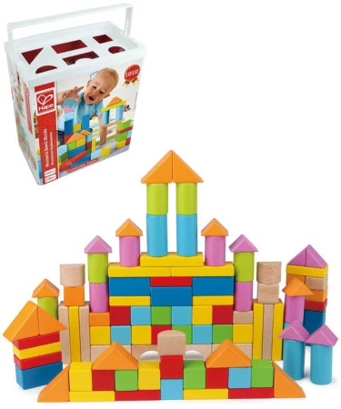 Hape DŘEVO Baby kostky barevné 101ks v krabici s prostrkávacím víkem