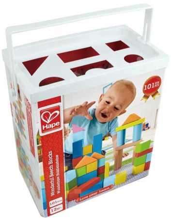 Hape DŘEVO Baby kostky barevné 101ks v krabici s prostrkávacím víkem