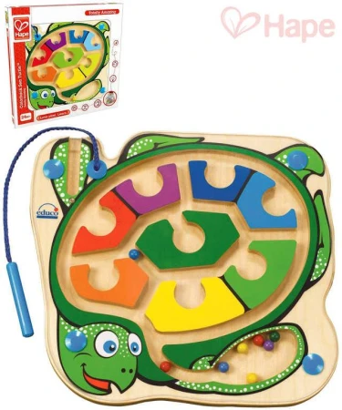 Hape DŘEVO Baby labyrint kuličkový želva s magnetickou hůlkou pro miminko