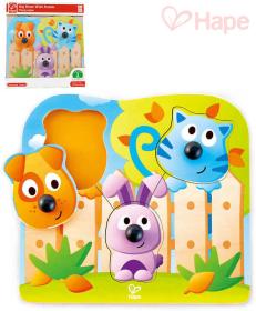 Hape DŘEVO Baby puzzle vkládací s úchyty domácí zvířátka 3 dílky na desce