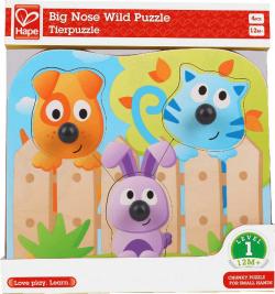 Hape DŘEVO Baby puzzle vkládací s úchyty domácí zvířátka 3 dílky na desce