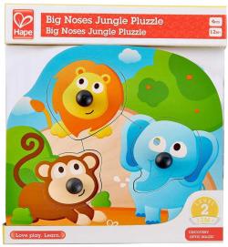 Hape DŘEVO Baby puzzle vkládací s úchyty zvířátka džungle 3 dílky na desce