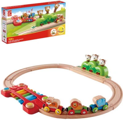 Hape DŘEVO Baby vláčkodráha s xylofonem a opičkami 19 dílků