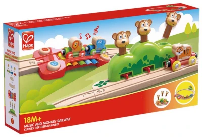 Hape DŘEVO Baby vláčkodráha s xylofonem a opičkami 19 dílků
