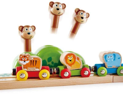 Hape DŘEVO Baby vláčkodráha s xylofonem a opičkami 19 dílků