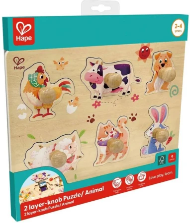 Hape DŘEVO Puzzle baby vkládací Farma s úchyty 12 dílků na desce