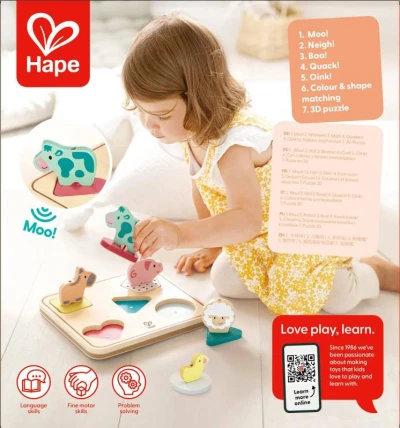Hape DŘEVO Puzzle baby vkládací Zvířátka 5 dílků na baterie Zvuk