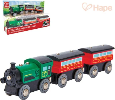 Hape DŘEVO Vláček parní osobní set mašinka + 2 vagonky Hape DŘEVO Vláček parní osobní set mašinka + 2 vagonky