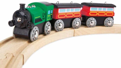 Hape DŘEVO Vláček parní osobní set mašinka + 2 vagonky