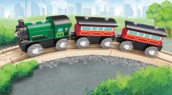 Hape DŘEVO Vláček parní osobní set mašinka + 2 vagonky