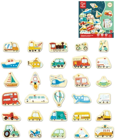 Hape DŘEVO Vozidla magnetická set 30ks magnetky (dřevěná hračka)
