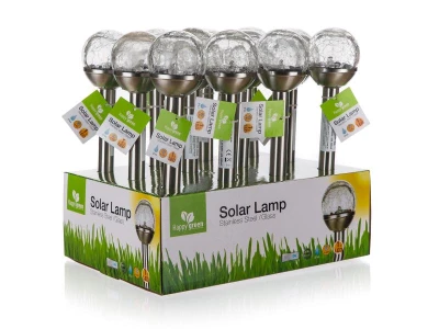 HAPPY GREEN Lampa solární KOULE 8cm, v.38,5cm, 2LED, nerez/sklo čirá