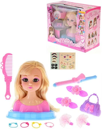 Hlava česací blondýnka 19cm set s kadeřnickými doplňky v krabici Hlava česací blondýnka 19cm set s kadeřnickými doplňky v krabici