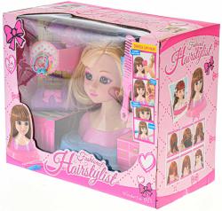 Hlava česací blondýnka 19cm set s kadeřnickými doplňky v krabici