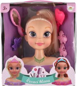 Hlava česací blondýnka velká set s kadeřnickými doplňky v krabici