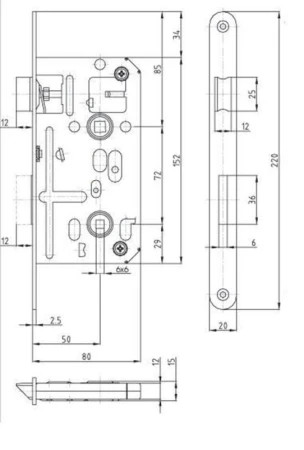 Hobes Zámek zadl. K135 - 72/80 P-L WC BÍ Zn s ořechem 6x6mm
