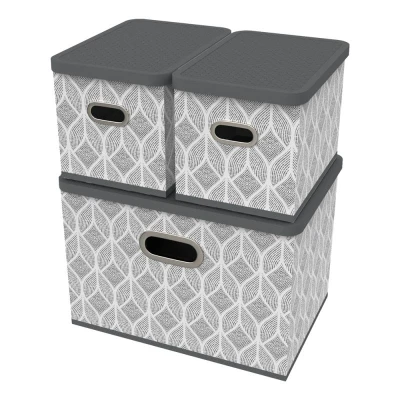 HomeLife Úložný box s víkem sada 3 ks - list šedo-bílá HomeLife Úložný box s víkem sada 3 ks - list šedo-bílá
