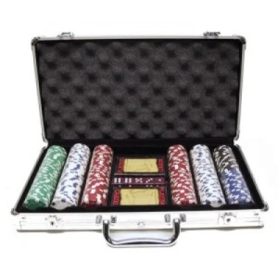 HOT Games Poker PROFI stříbrná pokerová sada v hliníkovém kufříku s 300 žetony a plastovými kartami