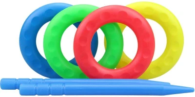 Hra házení kroužků sada házecí kroužky barevné 4ks + 2 kolíčky plast