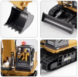 Huina RC pásový bagr s radlicí a kovovou lžící 1:16 Nová verze s majákem a figurkou