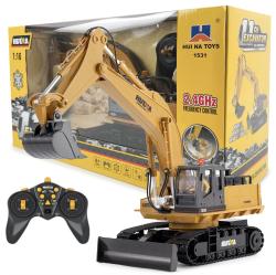 Huina RC pásový bagr s radlicí a kovovou lžící 1:16 Nová verze s majákem a figurkou