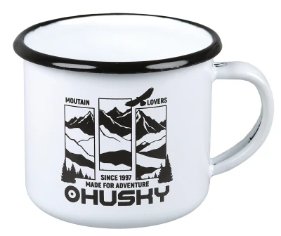 Husky hory bílý plechový hrnek
