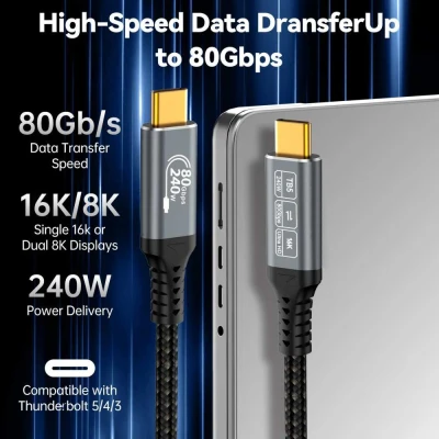 Kabel PremiumCord USB4™ Version2.0 Thunderbolt 3 a 4 80Gbps 16K@60Hz, 1,5m zahnutý, bavlněný oplet