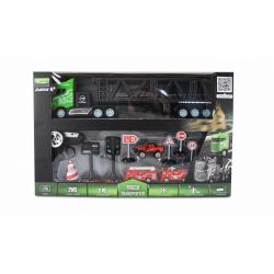 Kamion s autopřepravníkem 2WD, 1:16, bohaté příslušenství, semafor, radar, 3 autíčka, RTR
