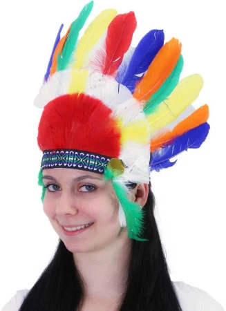 KARNEVAL Čelenka indiánská barevné peří náčelnická, vysoká (karnevalový doplněk)
