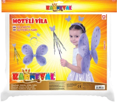 KARNEVAL Motýlí křídla s čelenkou a hůlkou fialová (karnevalový doplněk)