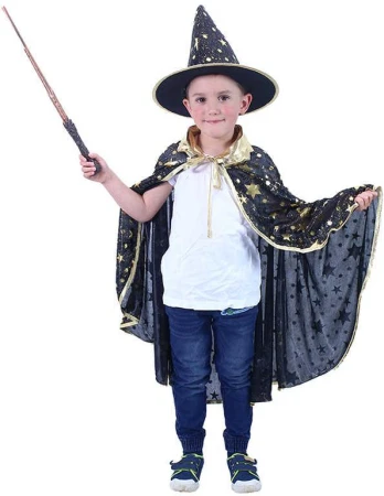 KARNEVAL Plášť kouzelnický černý + klobouk vel.S (104-128cm) 3-8 let KOSTÝM KARNEVAL Plášť kouzelnický černý + klobouk vel.S (104-128cm) 3-8 let KOSTÝM