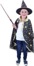 KARNEVAL Plášť kouzelnický černý + klobouk vel.S (104-128cm) 3-8 let KOSTÝM