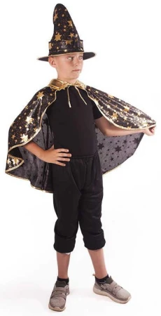 KARNEVAL Plášť kouzelnický černý + klobouk vel.S (104-128cm) 3-8 let KOSTÝM
