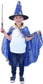 KARNEVAL Plášť kouzelnický modrý + klobouk vel.S (104-128cm) 3-8 let KOSTÝM KARNEVAL Plášť kouzelnický modrý + klobouk vel.S (104-128cm) 3-8 let KOSTÝM