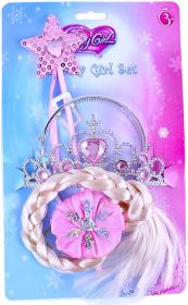 KARNEVAL Sada princezna růžová cop korunka hůlka (karnevalový doplněk)