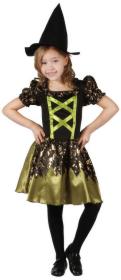 KARNEVAL Šaty čarodějka černozlatá vel. M (120-130cm) 5-9 let KOSTÝM
