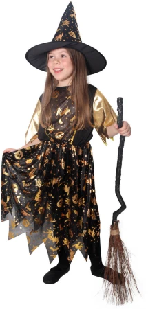 KARNEVAL Šaty čarodějnice černo-zlatá vel.M (117-128cm) 6-8 let KOSTÝM