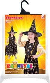 KARNEVAL Šaty čarodějnice černo-zlatá vel.S (105-116cm) 4-6 let KOSTÝM