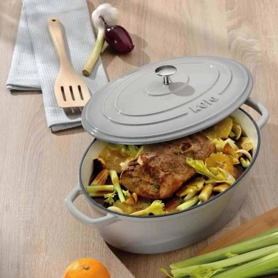 Kela Pekáč litinový oválný s poklicí Calido 35x26 cm světle šedá