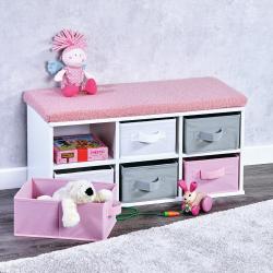 KESPER 17739 Lavice s šesti látkovými boxy, 38 x 68 x 29,5 cm, bílá/šedá/růžová